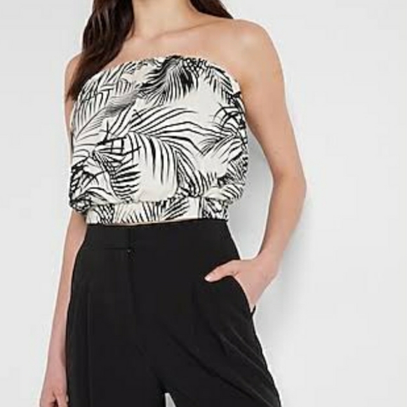 Express Tube Top Palm Leaf Print Cream/Black - Picture 1 of 6